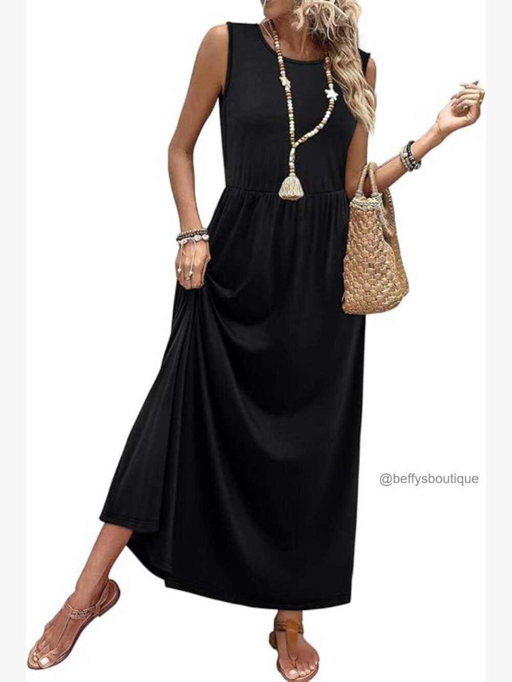 Long Sleeveless Maxi Sundress with Pockets, Elastic Waist, A-Line Flowy